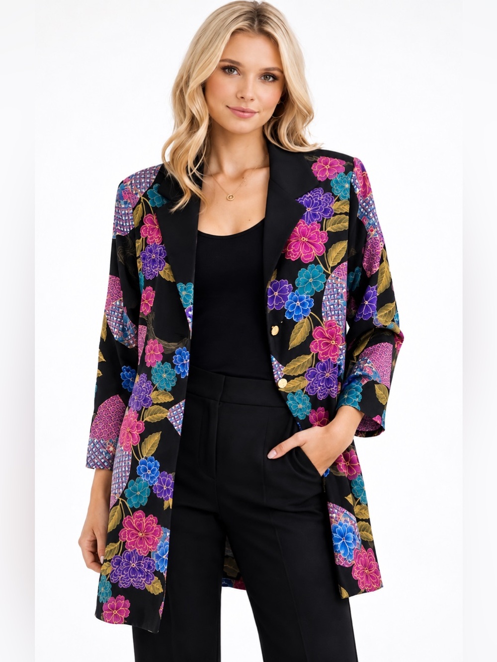 Maggie Sweet Vintage Asian Fan Floral Duster Jacket Coat Notch Lapel Petite Larg